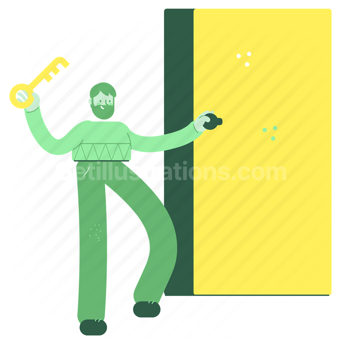 man, male, person, entrance, enter, key, door, lock